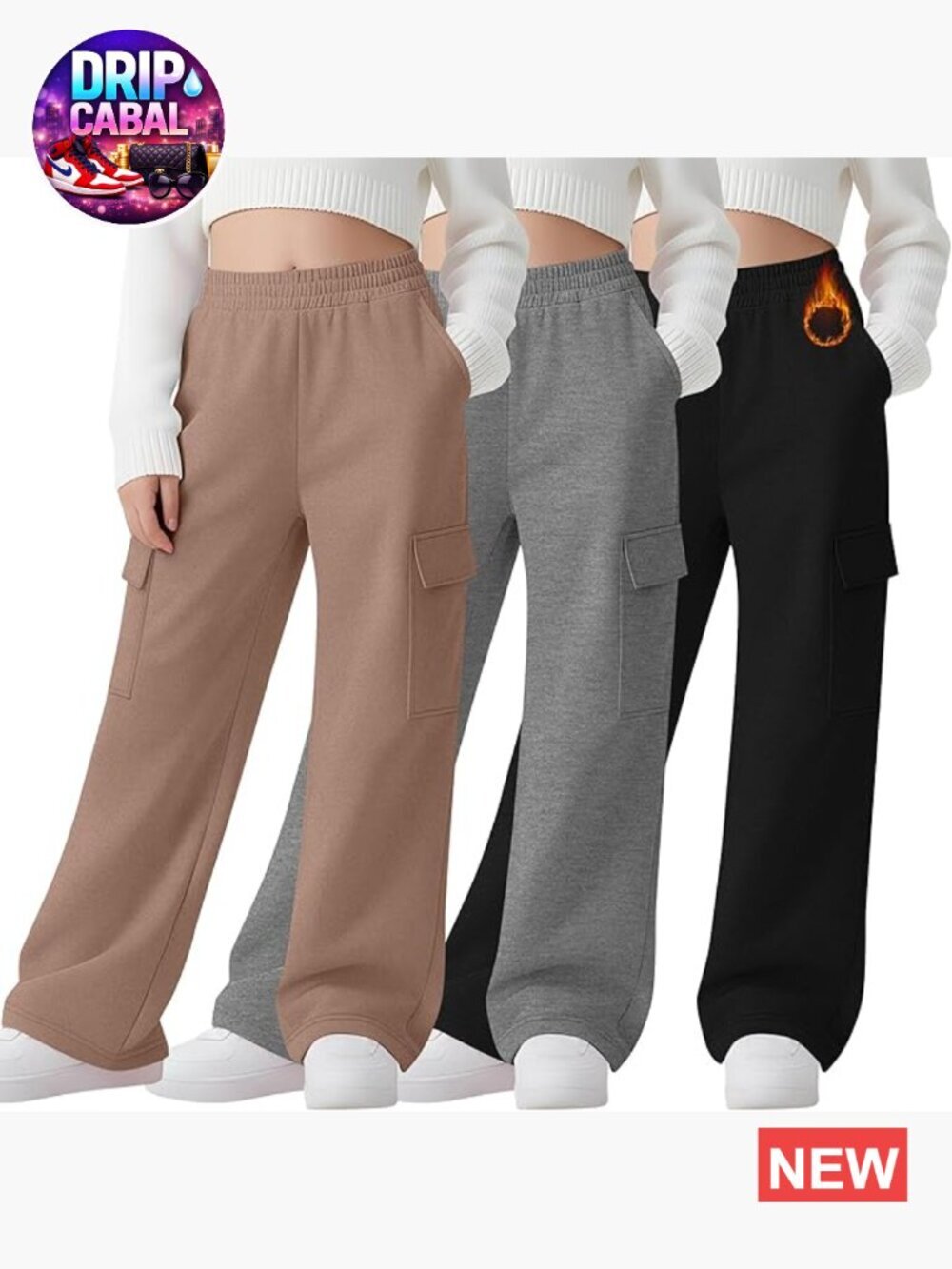 3 Pack Girls Thermal Fleece Cargo Sweatpants 5-14y 4 Pockets Wide Leg High